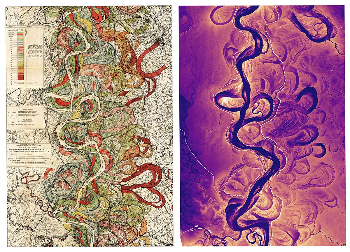 Left half of image is a map from 1944 with how the Mississippi River has changed its shape.  The right half of the image is a lidar map of the same area.